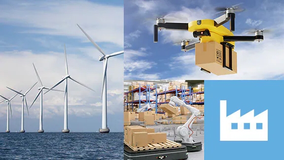 Collage photo of random industrial applications for Toshiba semiconductors