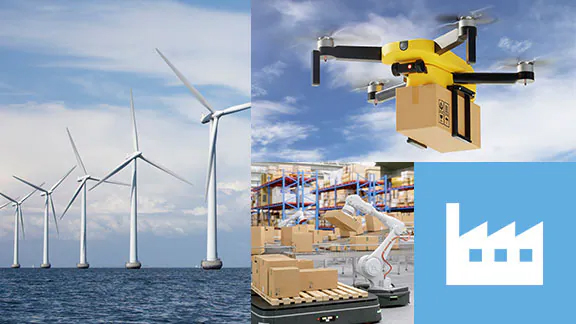 Collage photo of random industrial applications for Toshiba semiconductors