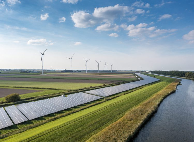 Wind, sun and water energy. Solar panels and wind turbines generating renewable energy for green and sustainable future.