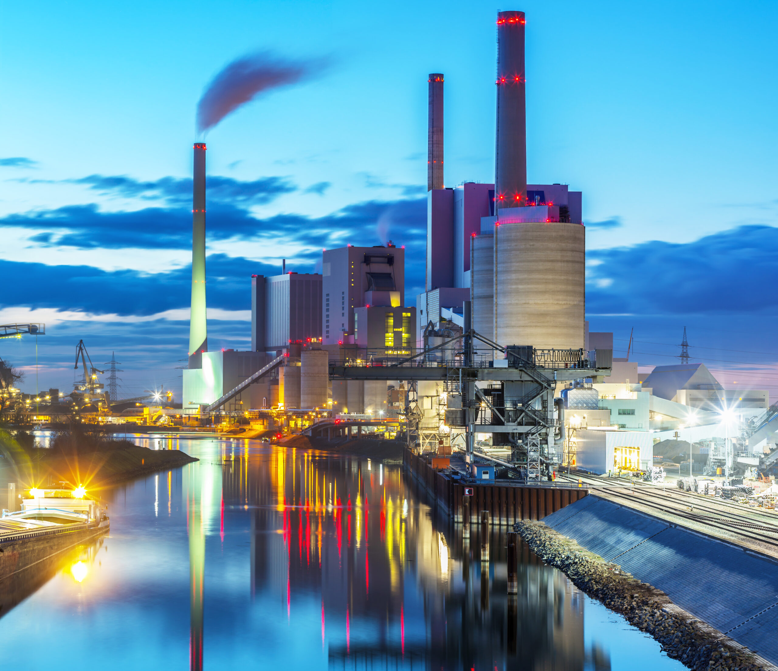 Panorama View of Coal Power Plant at Night